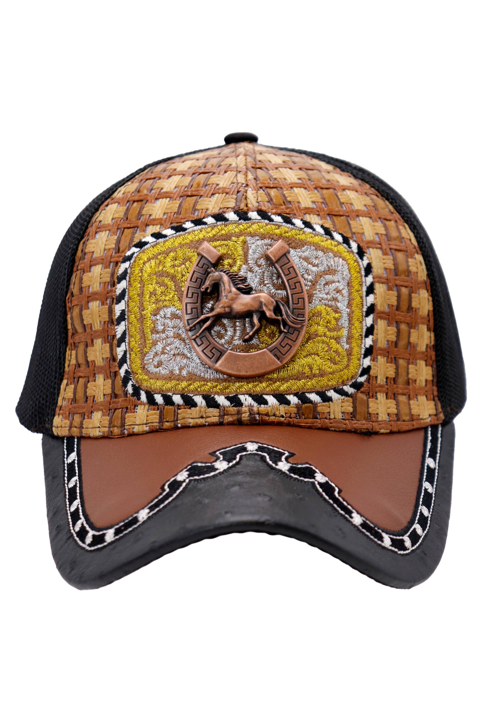 Cap Zone – Engroshandel Trucker hat - Unisex – Bronzed Emblem Vegansk Læder Strå Mesh Charro Kasket4