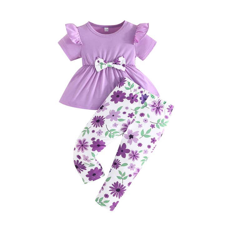 purple 3-24M Baby Girls Sets Bow Short Sleeves Tops Plant Print Trousers Wholesale Baby Clothing V3824040700067 for wholesale on Faire4