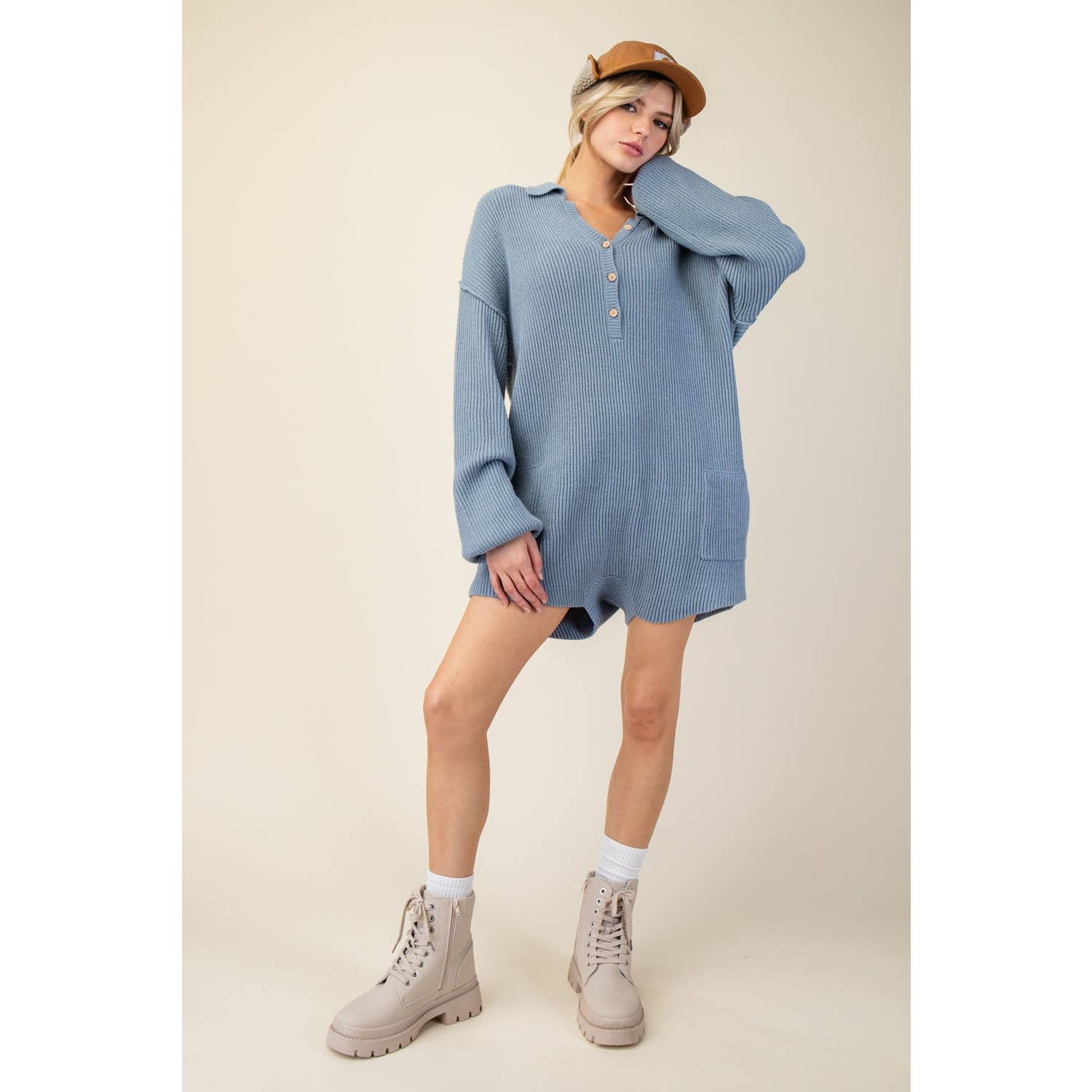 Apolline - Wholesale Romper - Women's - Long Sleeve Ribbed Knit Sweater Romper with Pockets3