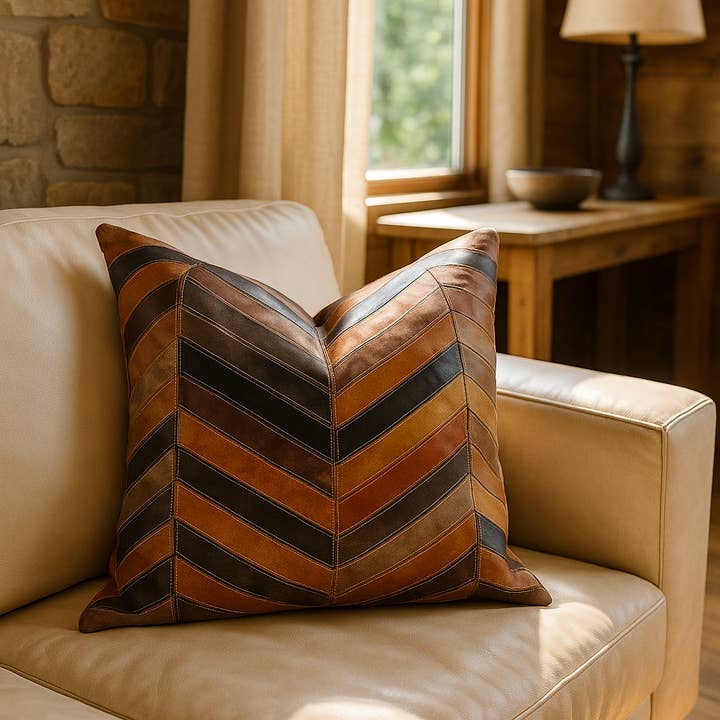 MLC - Wholesale Chair cushion - Chevron Patch Leather Cushion | 100% Genuine Leather | 45x45cm1