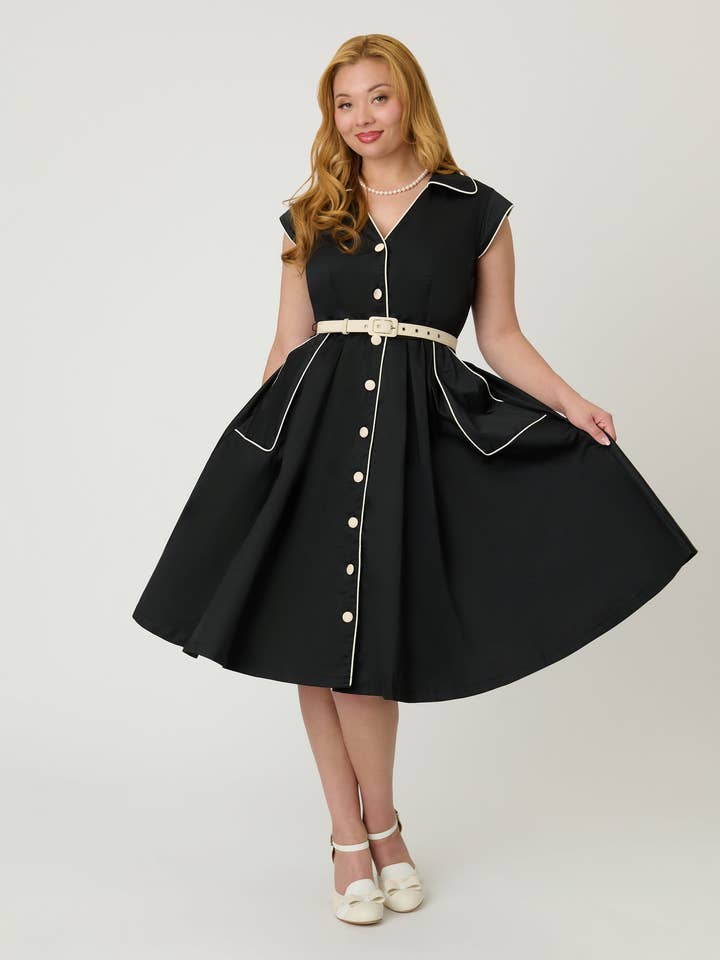 Unique Vintage - Wholesale Dress – Women's - Unique Vintage Black & White Cotton Shirt Swing Dress0