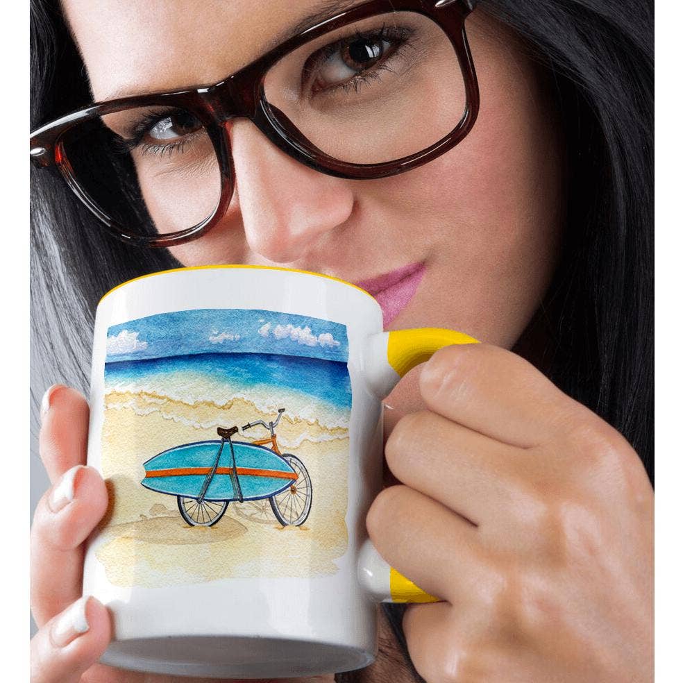 3dRose - Venta al por mayor Taza - 3dRose, Escena de Playa con una Bicicleta y Tabla de Surf, Taza1
