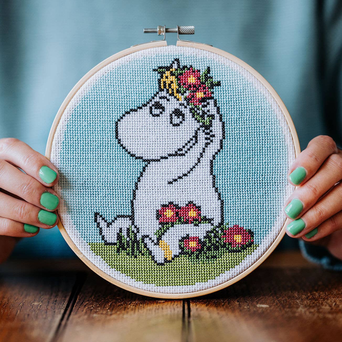 The Crafty Kit Company - Wholesale Embroidery/Cross Stitch Supplies - Moomin Cross Stitch Kit - Snorkmaiden Flower Arranging2