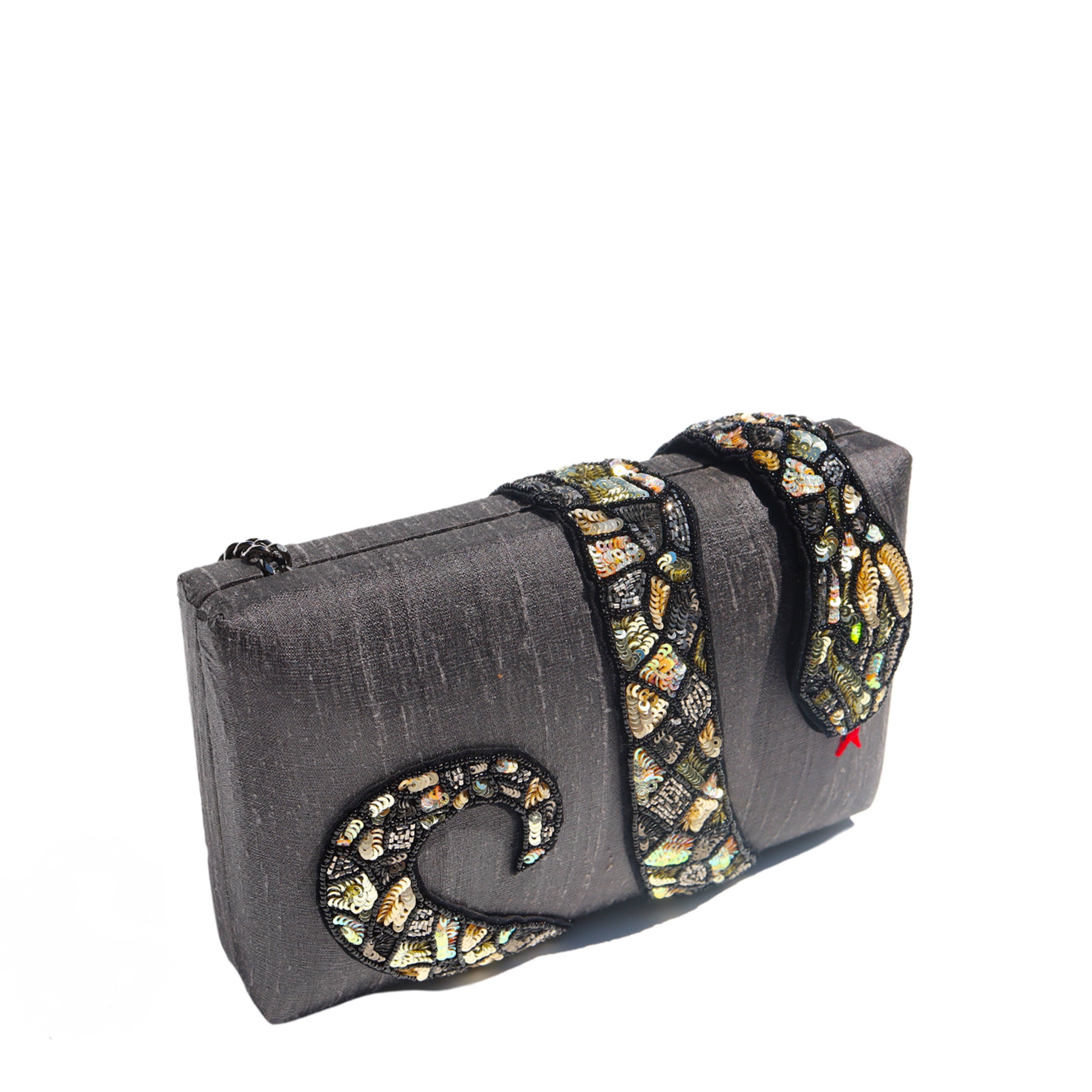 Simitri - Wholesale Clutch Bag - Women's - Gray Kaa Hand Embroidered Snake Faux Silk Box Clutch Bag3