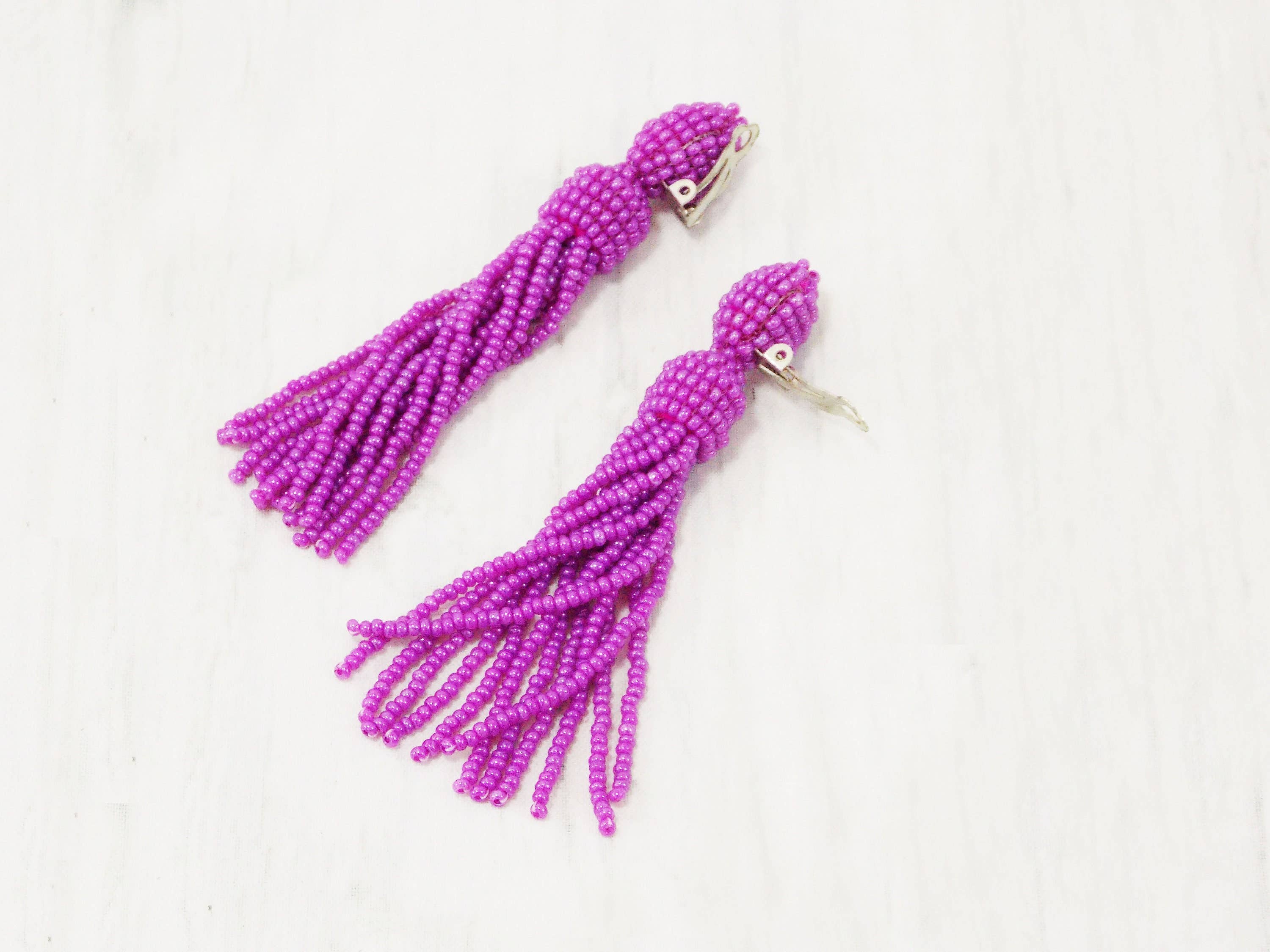 Ninolia - Wholesale Dangle Earrings - Pink Tassel Long Magenta Clip on for Prom or Evening Hot Dark Pink Earrings Fuchsia Bright Statement Non Pierced Dangle Comfortable 5 Inch6