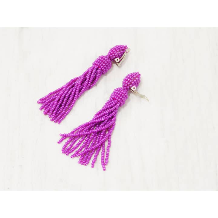 Ninolia – Brincos de argola por atacado – Rosa borla longa magenta clipe para formatura ou noite quente rosa escuro brincos fúcsia declaração brilhante não perfurado pendurado confortável 5 polegadas6