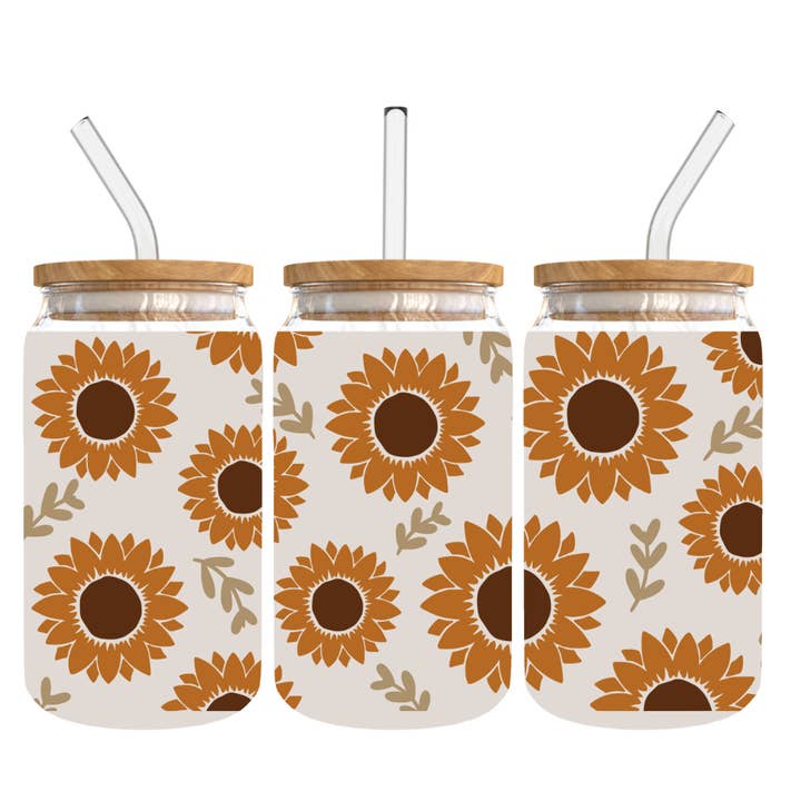 Dose aus mattiertem Glas mit Sonnenblumen für den Großhandel von Londas Trendy Tees