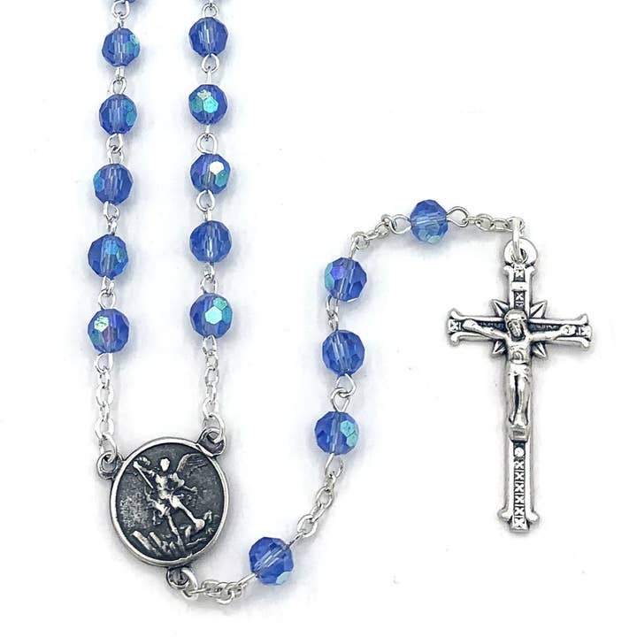 RM Trading - Wholesale Prayer Beads Necklace - St. Michael Rosary Saphire Crystal Beads0