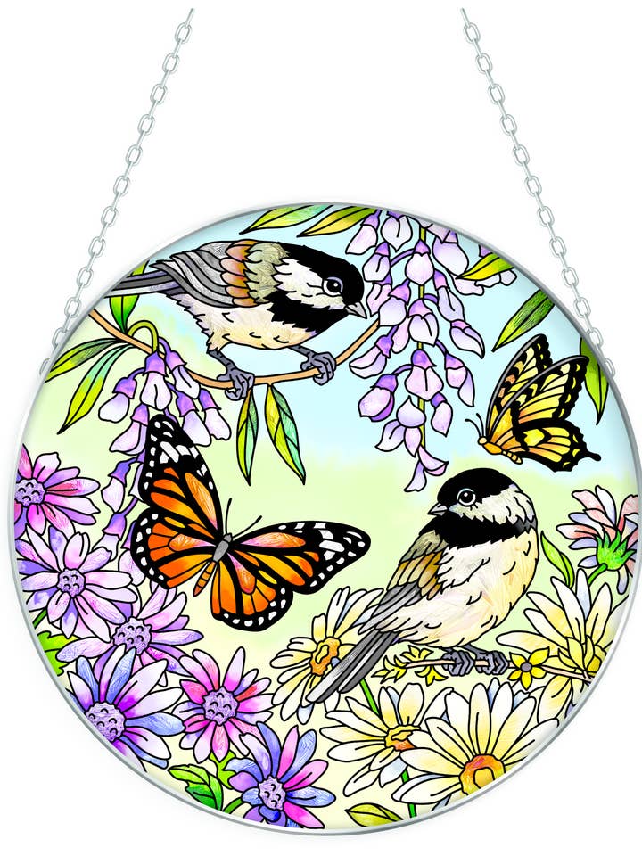 Chickadee Garden - 6.5" Large Glass Circle Suncatcher for wholesale by Bridgeton Hall