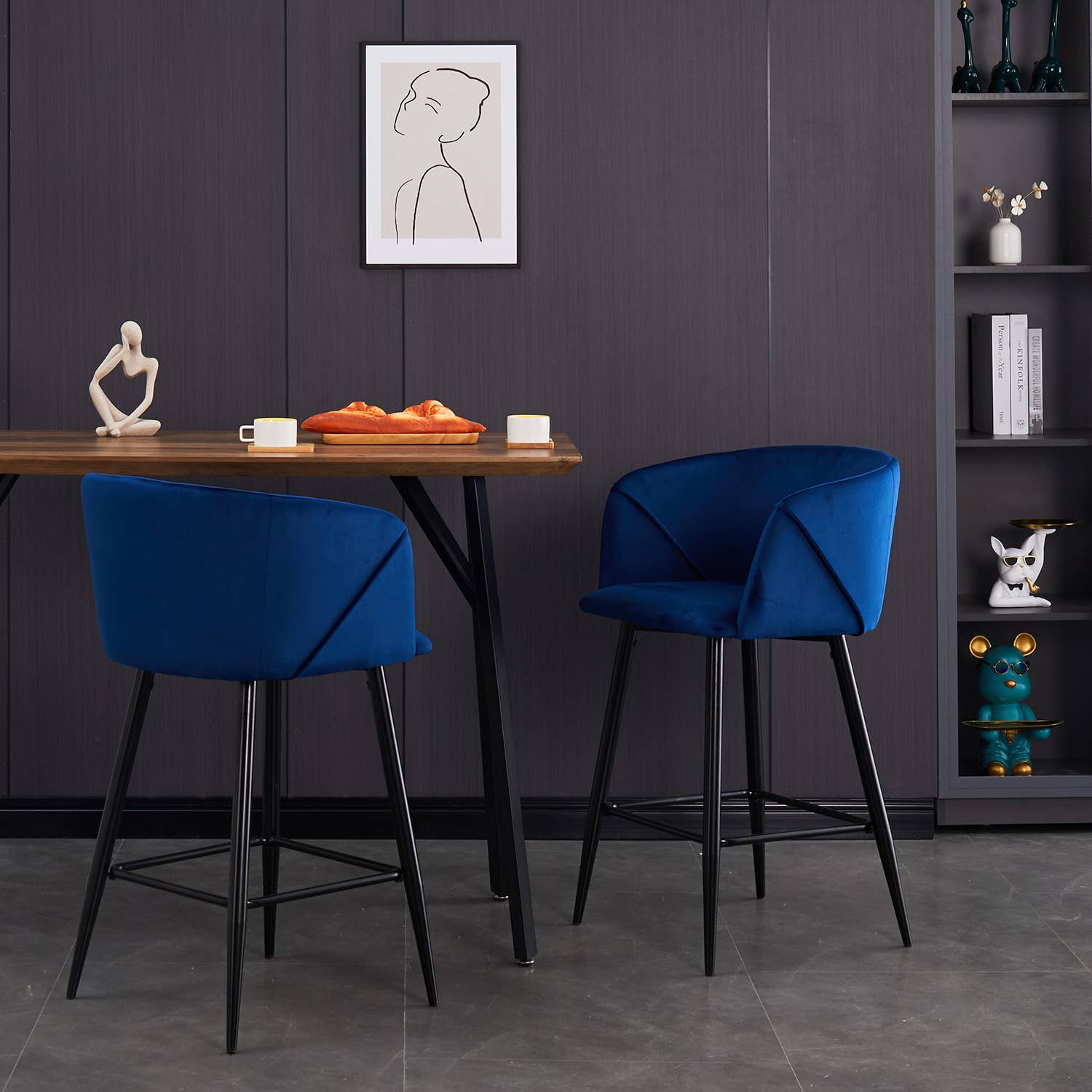 39F Inc. - Vente Tabouret - Tabouret de comptoir en velours ALDRIDGE 26" Chaise de bar Bleu/Gris8