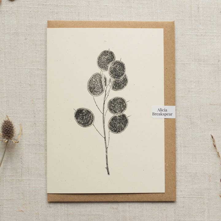 Honesty Pods Floral Greeting Card A6 Recycled Card for wholesale by Alicia Breakspear