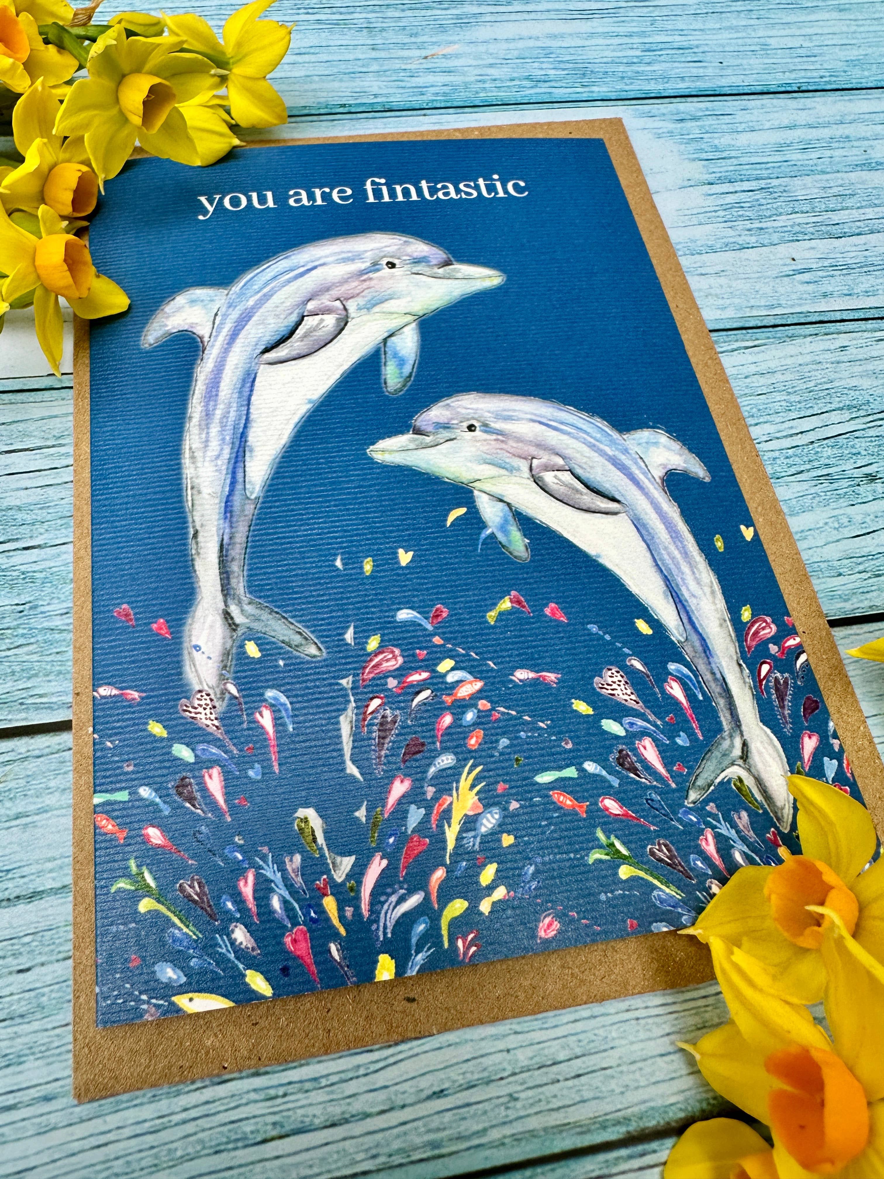 Jen Winnett Eco Artist - Wholesale Everyday Greeting Card - Fintastic Dolphin | Eco Friendly Card Cute Colourful Sea3