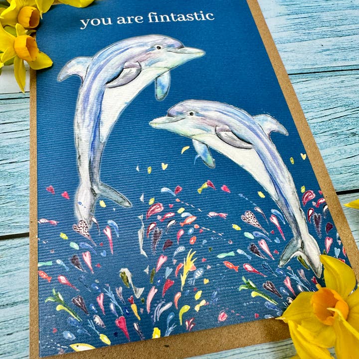 Jen Winnett Eco Artist - Wholesale Everyday Greeting Card - Fintastic Dolphin | Eco Friendly Card Cute Colourful Sea3