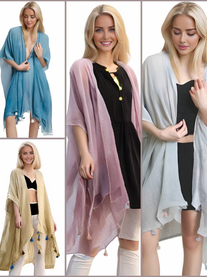 JC062614 Stonewash Kimono/Omslagdoek met Handgemaakte Kwastjes voor wholesale door JC Sunny Fashion
