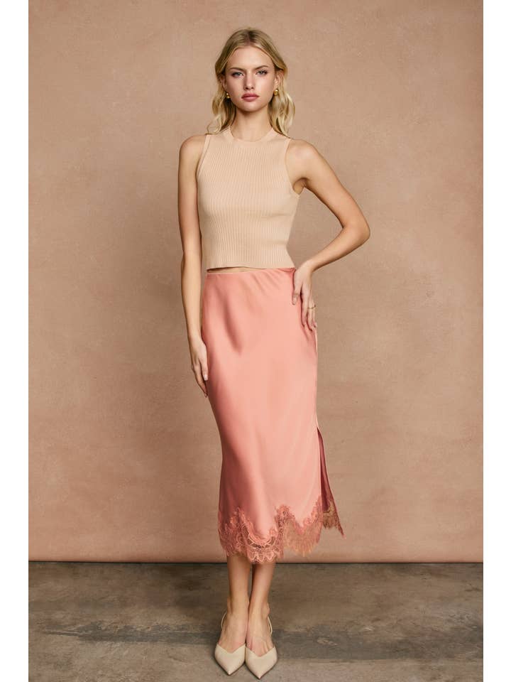 Dress Forum - Venta al por mayor Falda - Mujer - Falda lápiz de satén opaco con dobladillo de encaje (1)40