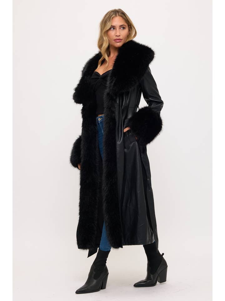 Coalition Apparel Inc - Wholesale Fur/faux fur coat – Women's - CLALC0156: Long Faux Leather & Fur Trim Coat1