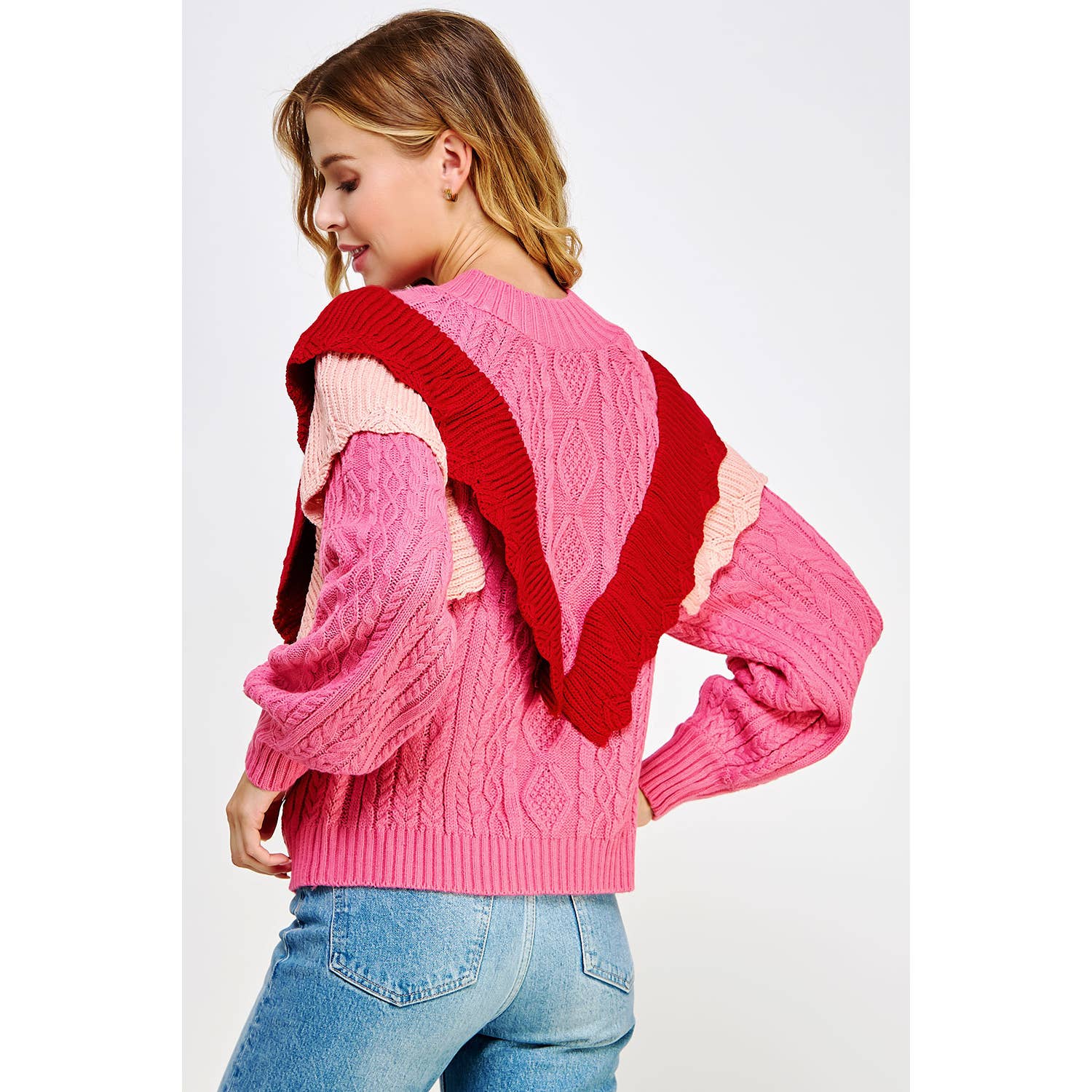 Wholesale Contrast Ruffled Accent Cable Knit Sweater for your store Faire