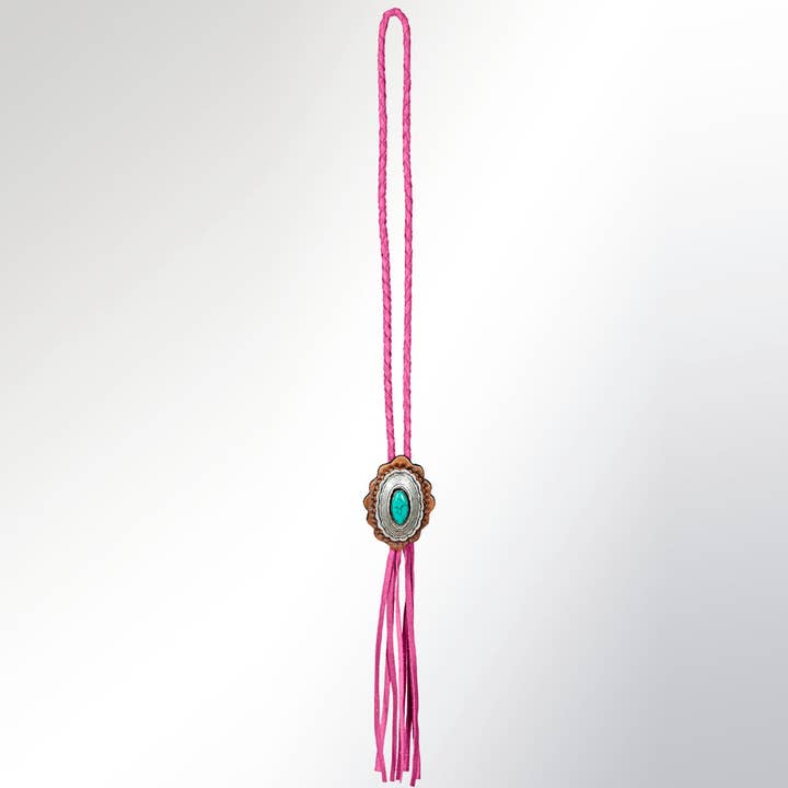LS Western - Wholesale Pendant/charm necklace - LC-ADJW106E Pink Braided Western Jewelry Necklace with Turquoise Stone & Two-Tone Scalloped Concho1