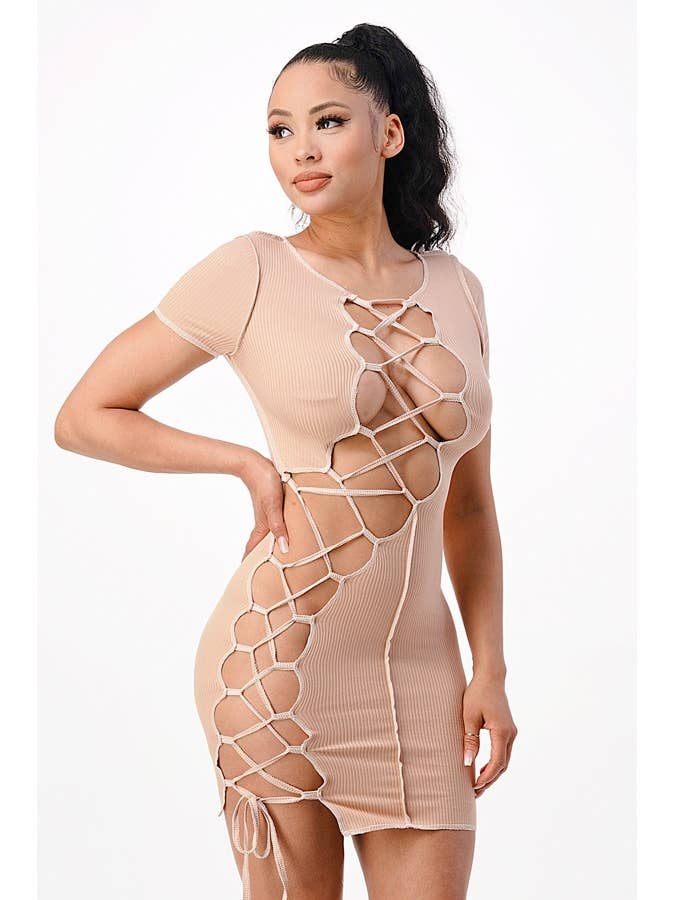 Rib Strik rund hals kortærmet kjole for engroshandel hos Lime All the Time