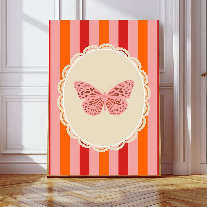 Lyserød Stribet Sommerfugl Kunsttryk for engroshandel hos Kumo Art Prints