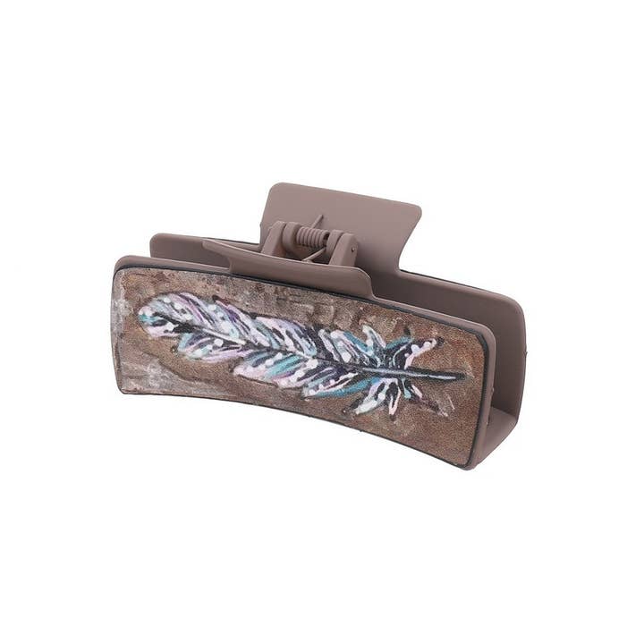 TYPE FEATHER PRINT LEATHER HAIR CLAW CLIPS WESTERN_CWAHA0602 for wholesale on Faire