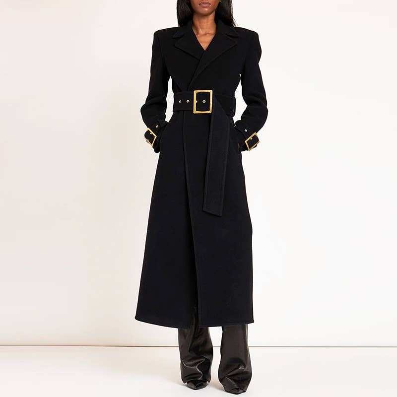 CT027 Elegant Long Black Wool Coat with Gold Accents for wholesale on Faire8