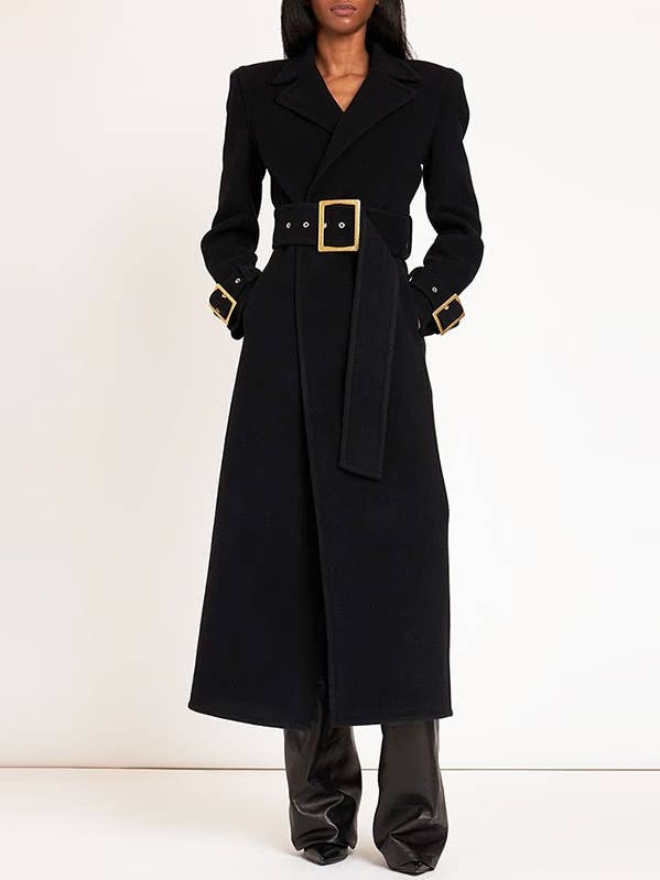 CT027 Elegant Long Black Wool Coat with Gold Accents for wholesale on Faire8