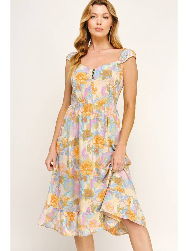 IVPEM ANTIQUE ROSE PRINTED MIDI DRESS WITH ELASTICATED SLEEVES for wholesale on Faire