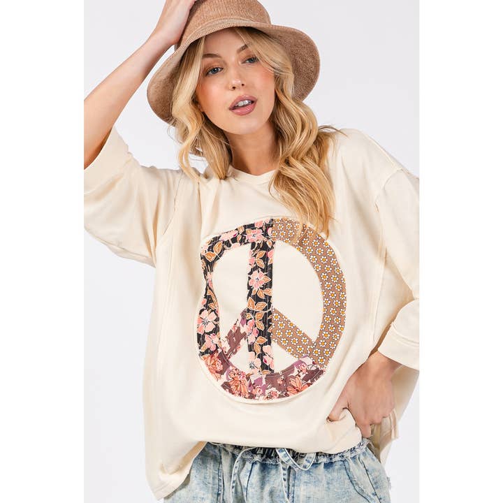Sage + Fig - Wholesale Tunic - Women's - 3/4 SLEEVE WITH PEACE SIGN APPLIQUE LOOSE FIT TOP (ST7439)