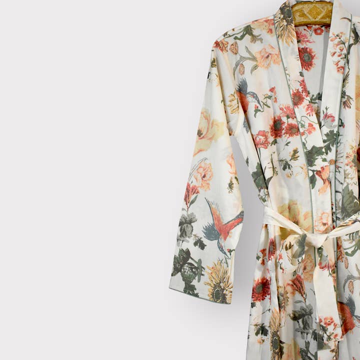 Devi Shop - Wholesale Robe - Women's - Cotton Block Print Robe ~ Blooms White