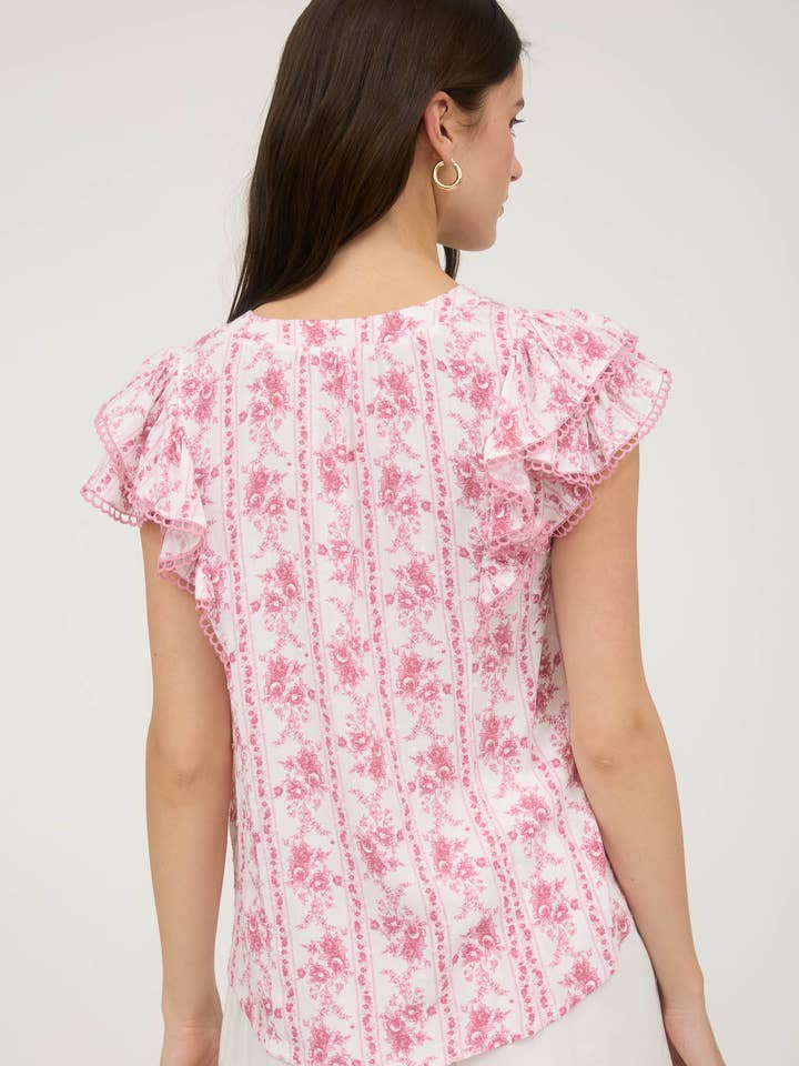 Blu Pepper - Wholesale Blouse - Women's - STRIPE FLORAL SPLIT NECK RUFFLE SLEEVE TOP