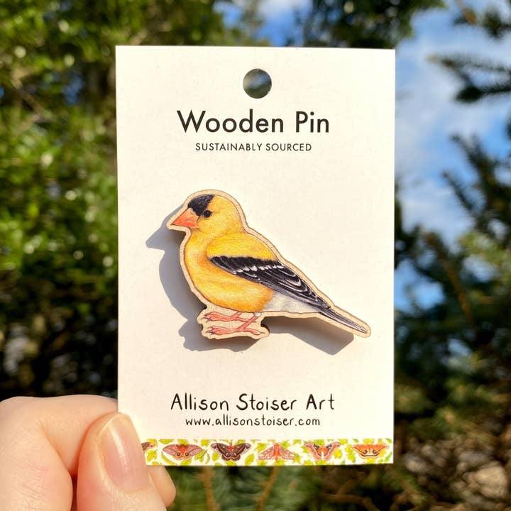 American Goldfinch Wooden Pin (Sustainably Sourced) for wholesale by Allison Stoiser Art