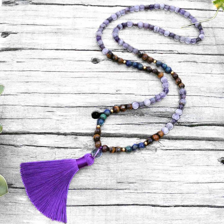 Amethyst, Tiger Eye and Chrysocolla Mala Necklace - Balance & Wisdom for wholesale by Harmony Mala