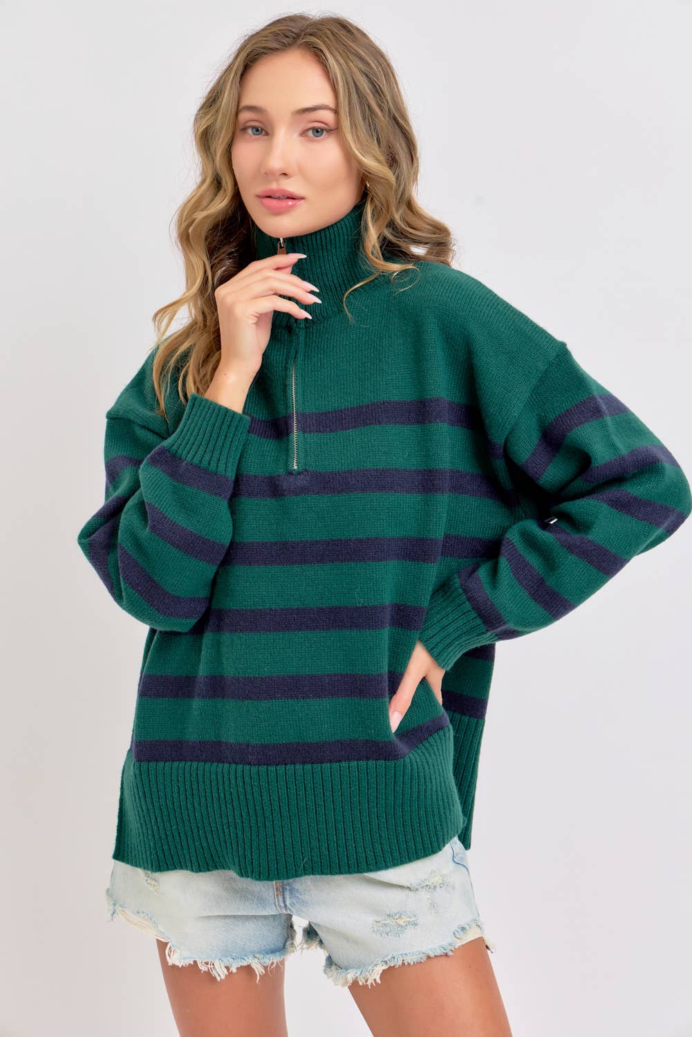 Sweet Lovely by Jen - Wholesale Knit Sweater - Women's - STRIPED ZIP-FRONT OVERSIZED PULLOVER KNIT SWEATER  34