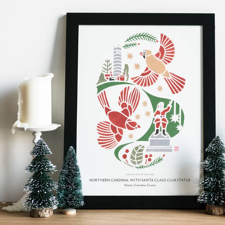 Art print: Northern Cardinal with Santa Claus Club Statue for wholesale by Mayuko Fujino Bird & Nature Art