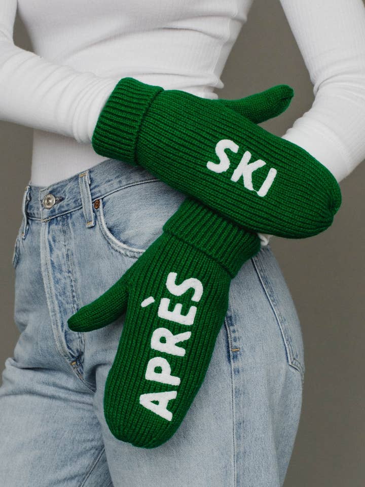 Green & White Apres Ski Knit Mittens for wholesale by Panache Apparel Co.