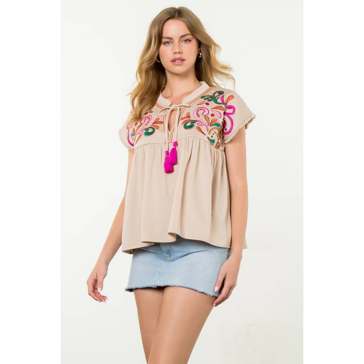 Embroidered Tassel Tie Top for wholesale by THML