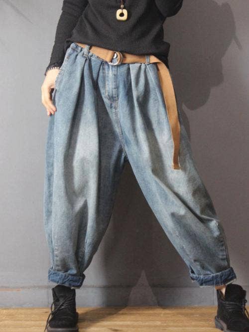 Pantalon bouffant ample en denim vintage à taille élastique pour la vente par StyleGalX
