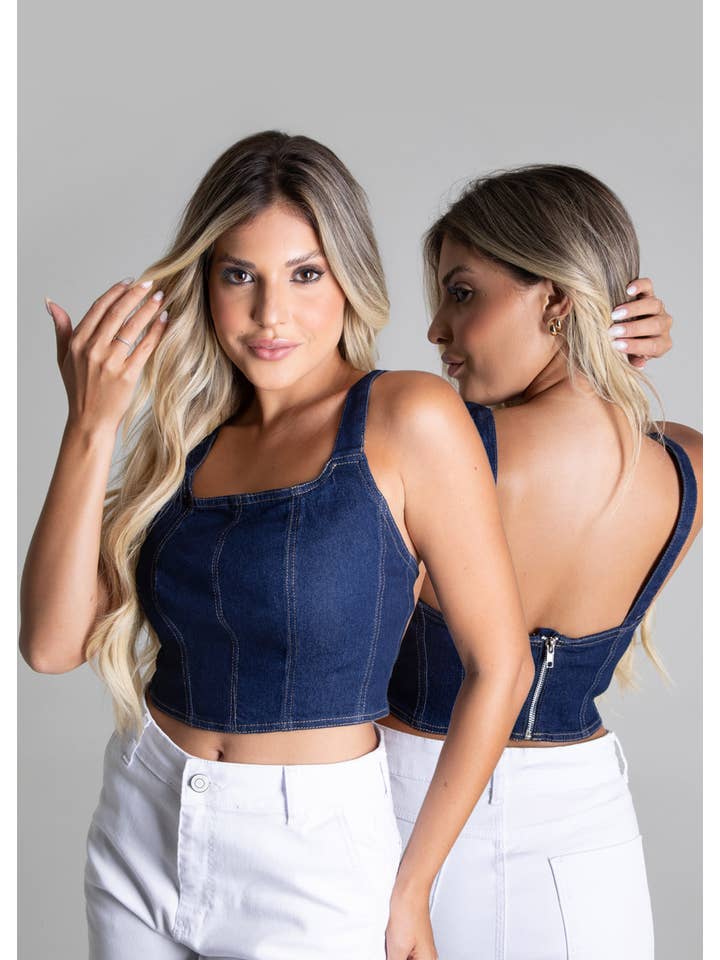 Sawary Jeans - Wholesale Blouse - Women's - Sawary Women's Jean Cropped Top - Denim Blue, Zip Closure