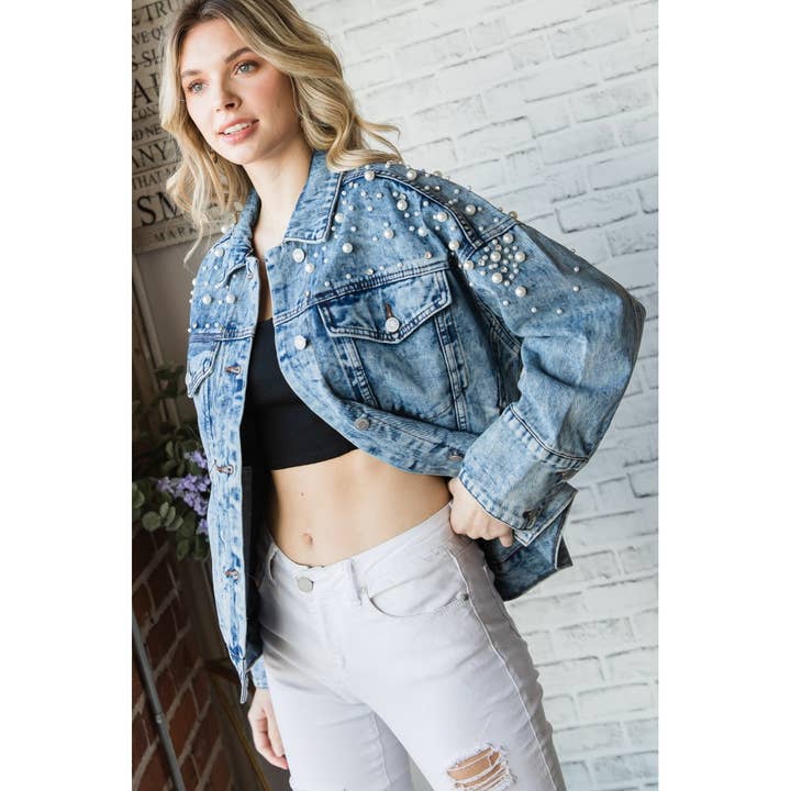 Med Wash Pearl and Rhinestone Denim Jacket for wholesale on Faire