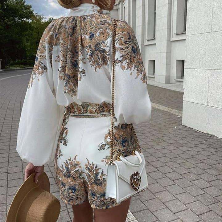 Sheer Trend - Wholesale Top & Short Set (NOT Loungewear) - Women's - Printed Long Sleeve Top Loose Shorts Set
