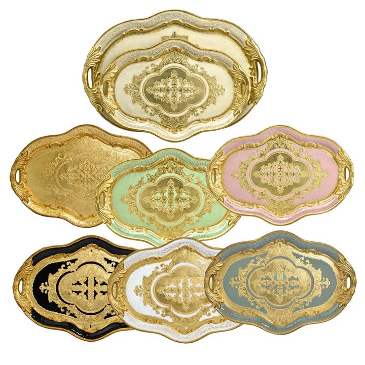 Florentine Wood Oval Tray with handles, L or M, Made in Italy for wholesale by Via Graceffo