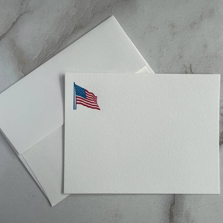 Set of 5, American Flag, Stars & Stripes cards. Handprinted Letterpress Notecard Set with Envelopes. for wholesale by Hearty Greetings
