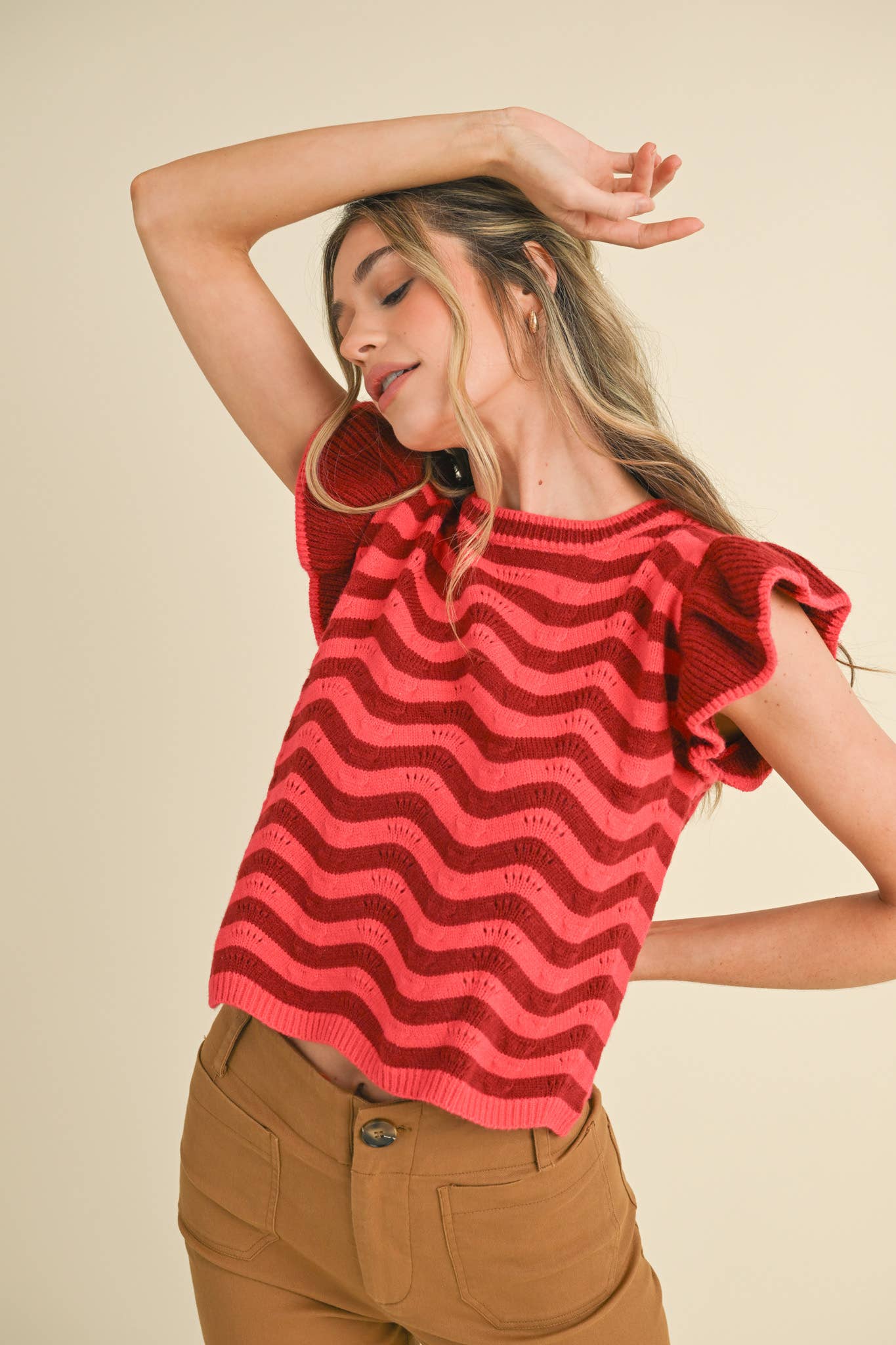 &MERCI - Wholesale Knit Sweater - Women's - WAVY STRIPES FLUTTER SLEEVE SWEATER TOP MSW1050975