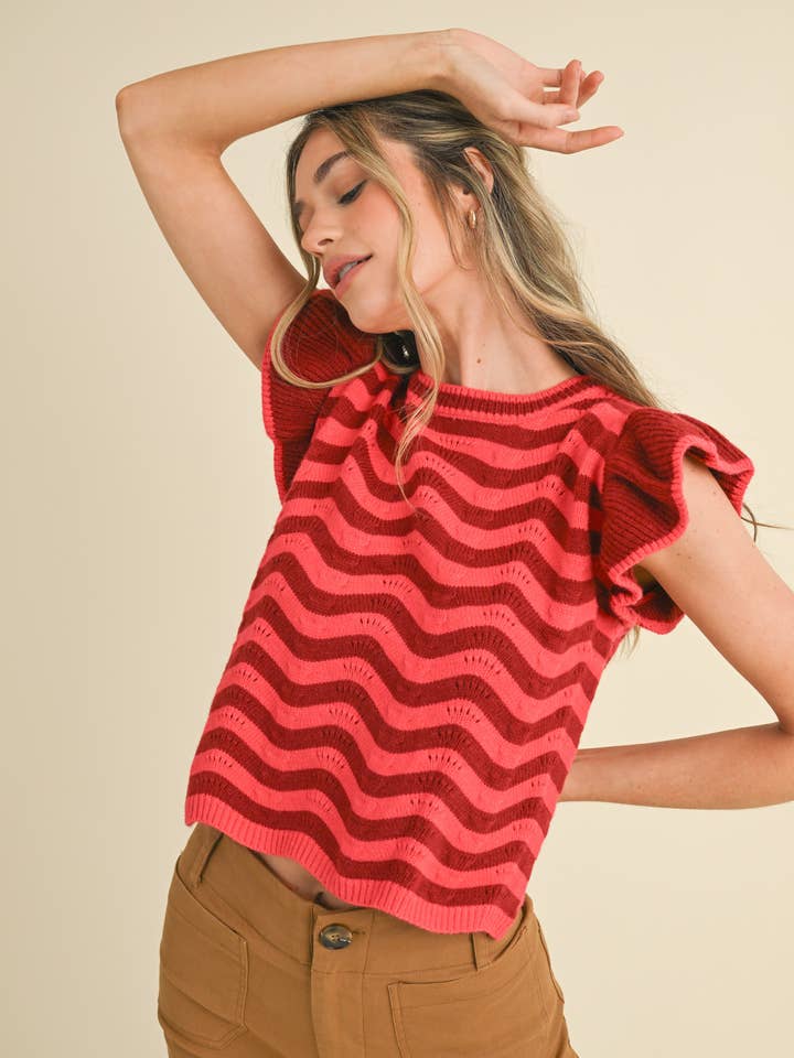 &MERCI - Wholesale Knit Sweater - Women's - WAVY STRIPES FLUTTER SLEEVE SWEATER TOP MSW1050975