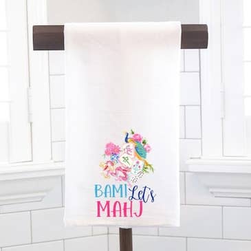 Bam Let's Mahj 3 Flour Sack Tea Towel, Hostess Gift, Mahjong for wholesale by Moman Sales, Inc.