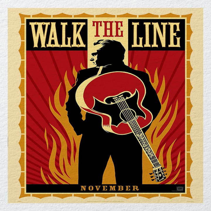 Walk The Line November Man Guitar Fire Printed Fabric Panel for wholesale by Hills Of Fabric