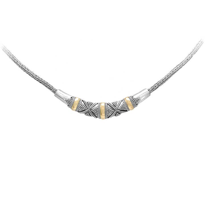 Sterling Silver Snake Link Necklace with Three 22k Gold Bars for wholesale by SITA