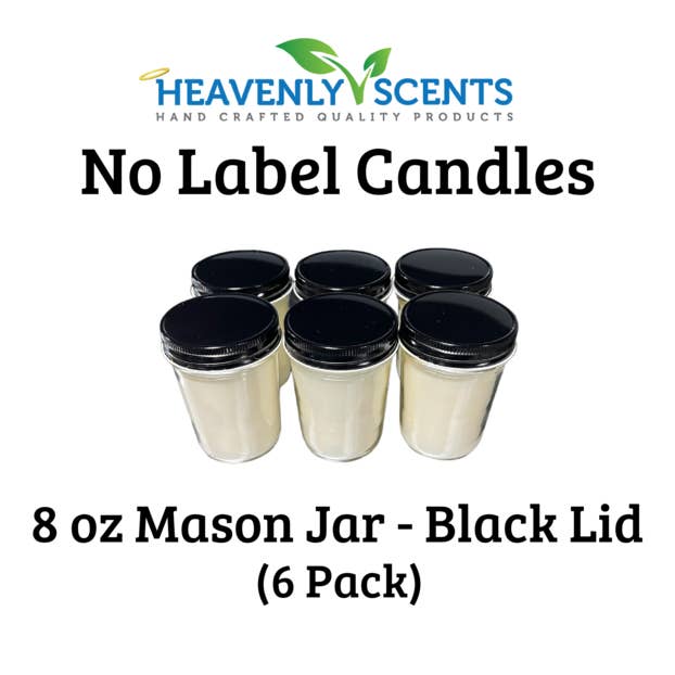 Heavenly Scents - Wholesale Jar/Filled Candle - 8oz Mason Jar Soy Candles - Black Lid - 6 Pack No Label