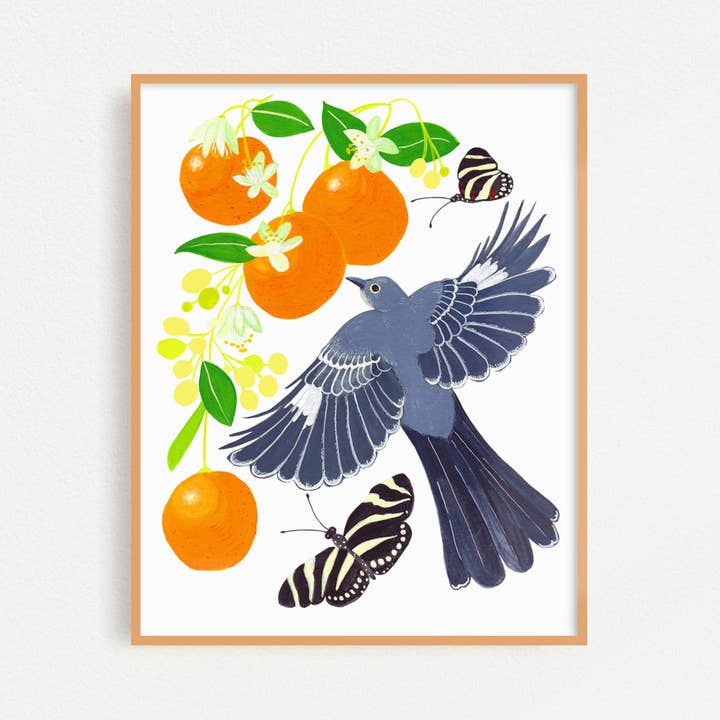 Mockingbird and Orange Blossoms Art Print for wholesale by Leena Shanbhag Art